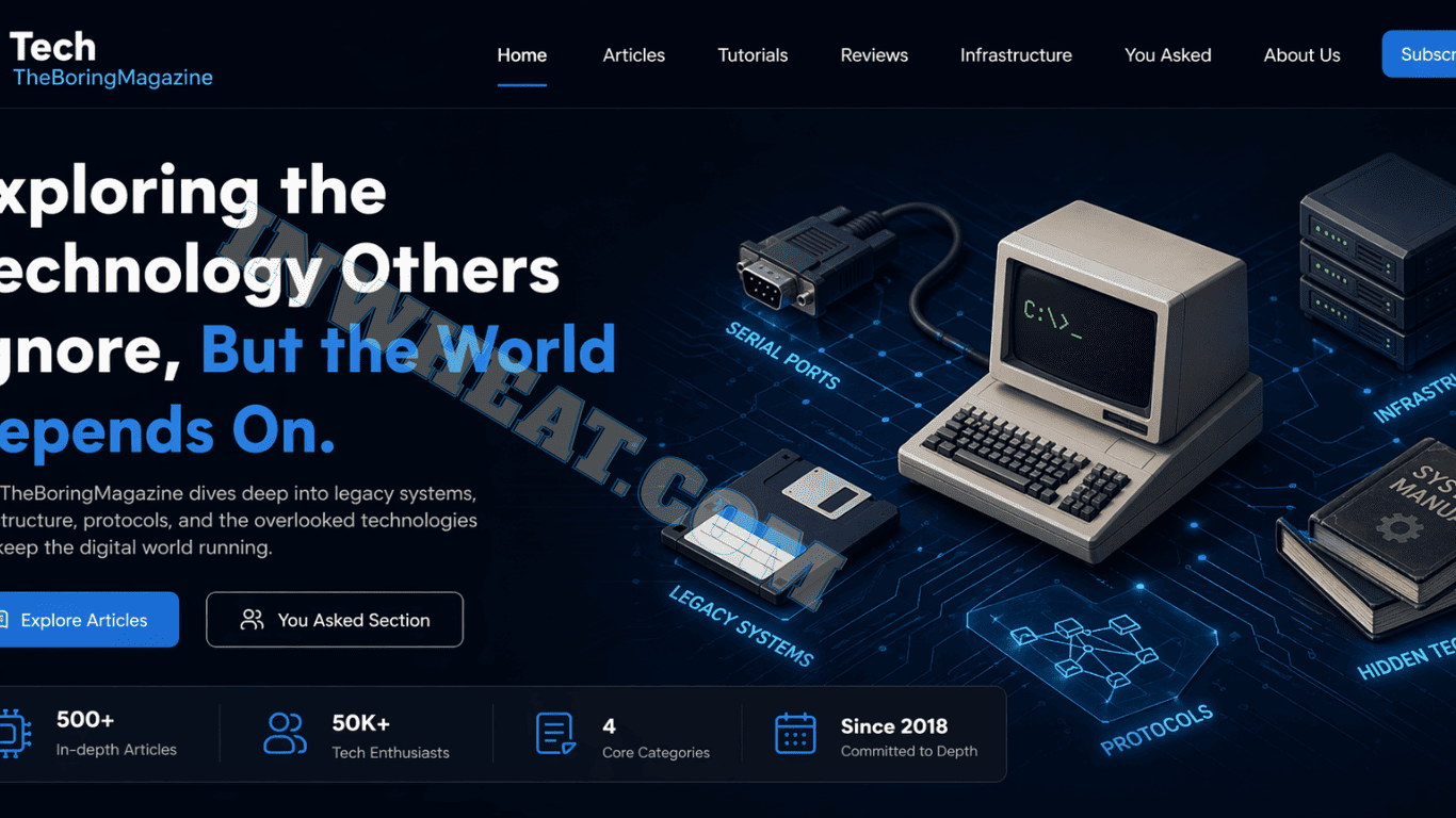 Tech TheBoringMagazine website hero banner showing legacy systems, infrastructure technology, and hidden digital systems powering modern internet networks