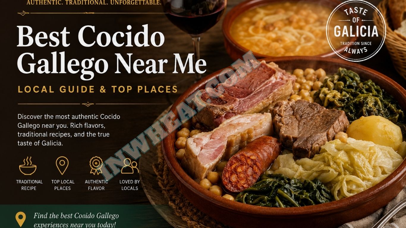 Traditional Cocido Gallego with pork, chorizo, chickpeas, potatoes, and greens in a rustic Spanish restaurant setting