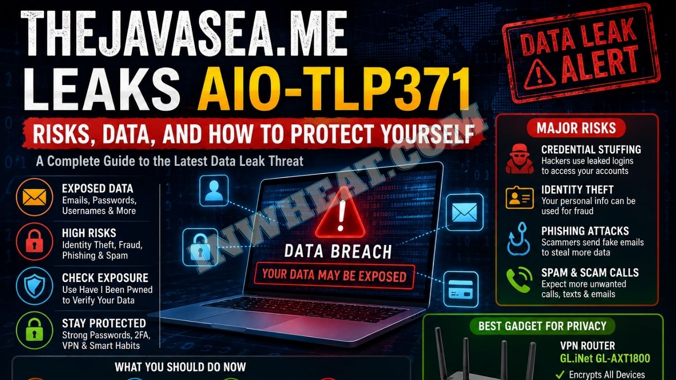 Cybersecurity infographic showing TheJavaSea.me leaks AIO-TLP371 data breach risks, exposed passwords, phishing threats, and VPN privacy protection tips.
