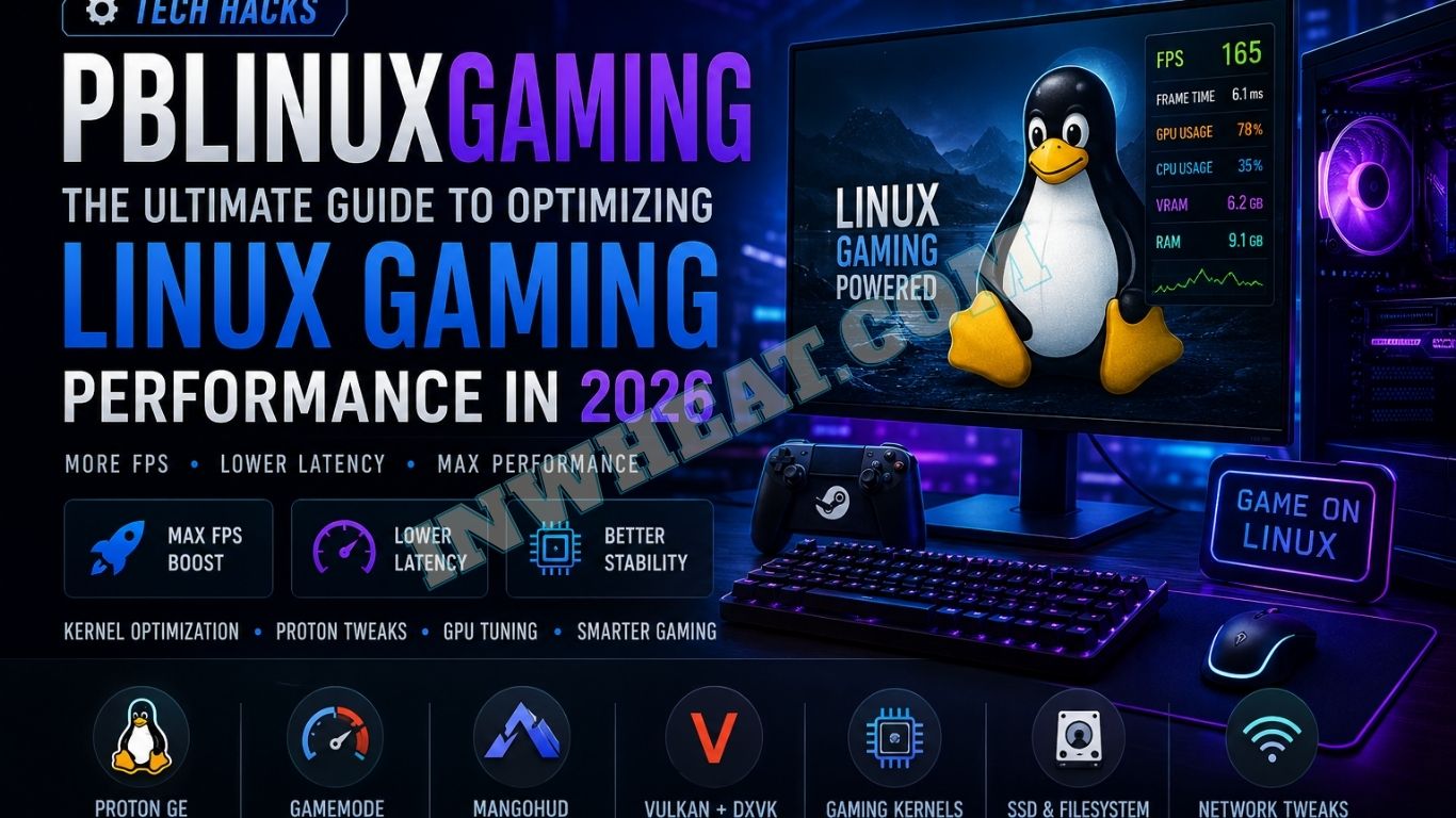 Tech Hacks PBLinuxGaming futuristic gaming setup banner showing Linux gaming optimization performance guide 2026 with neon cyber gaming desktop, FPS stats, and Tux Linux mascot on screen